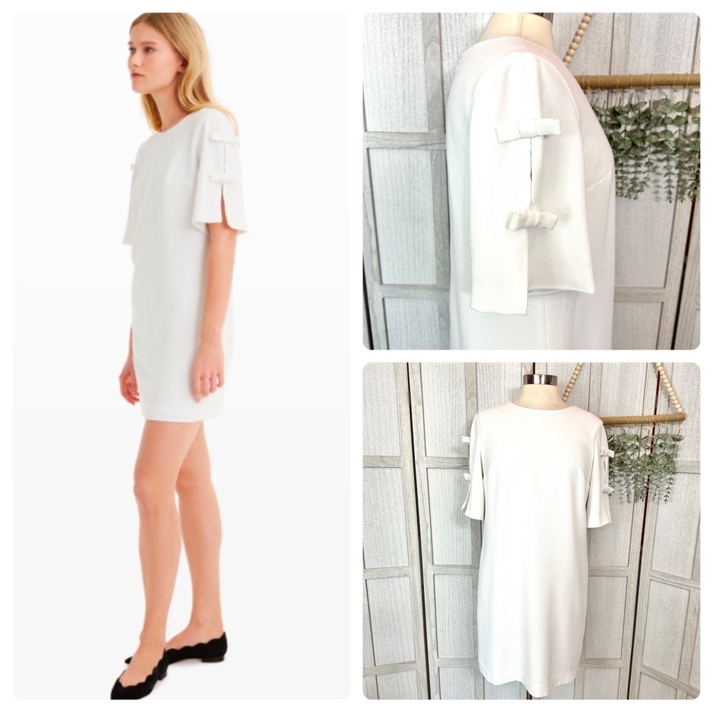 3/$22🩶 Club Monaco Bow Sleeve White Short Sleeve Round Neck Short A-Line Dress 6